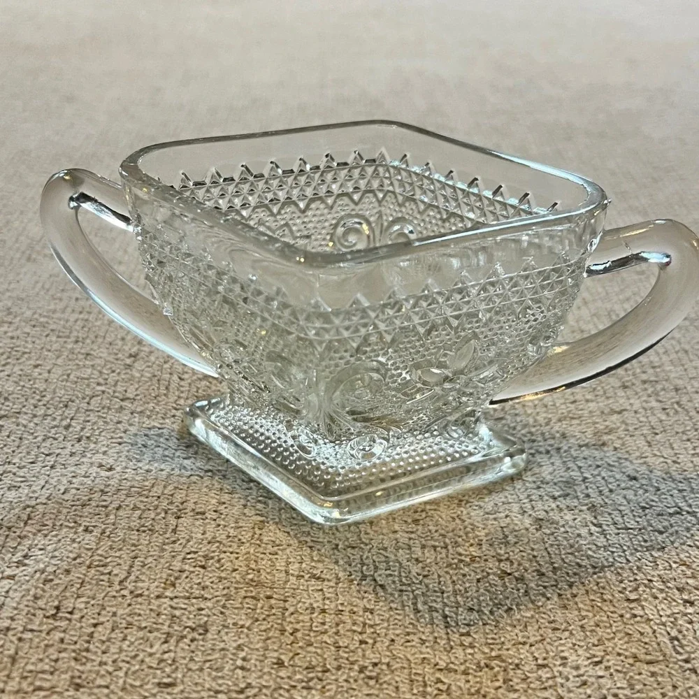 Vintage Pressed Glass Serving Gold Rimmed Dish Creamer Sugar Bowl 4 pieces